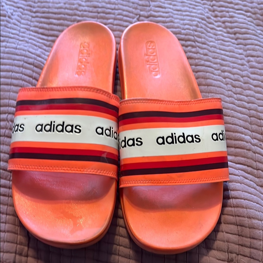 Adidas Bold Orange Slides with Stripes